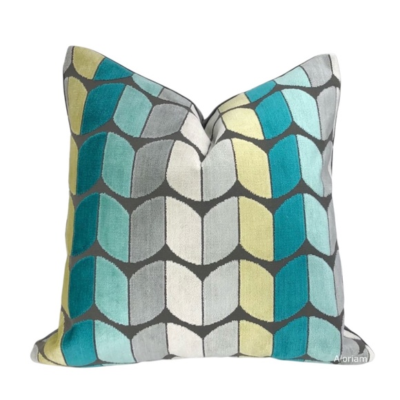 AQUA TEAL GREANN YELLOW GRAY VELVET PILLOW MULTI ACCENT PILLOW COVER (Set of 2) - Picture 8 of 8